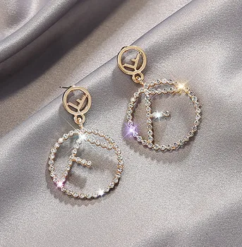 

Crystal Peal F Earrings for Woman Girls Korean Elegant Simple Design Letter Dangle earrings Statement earrings