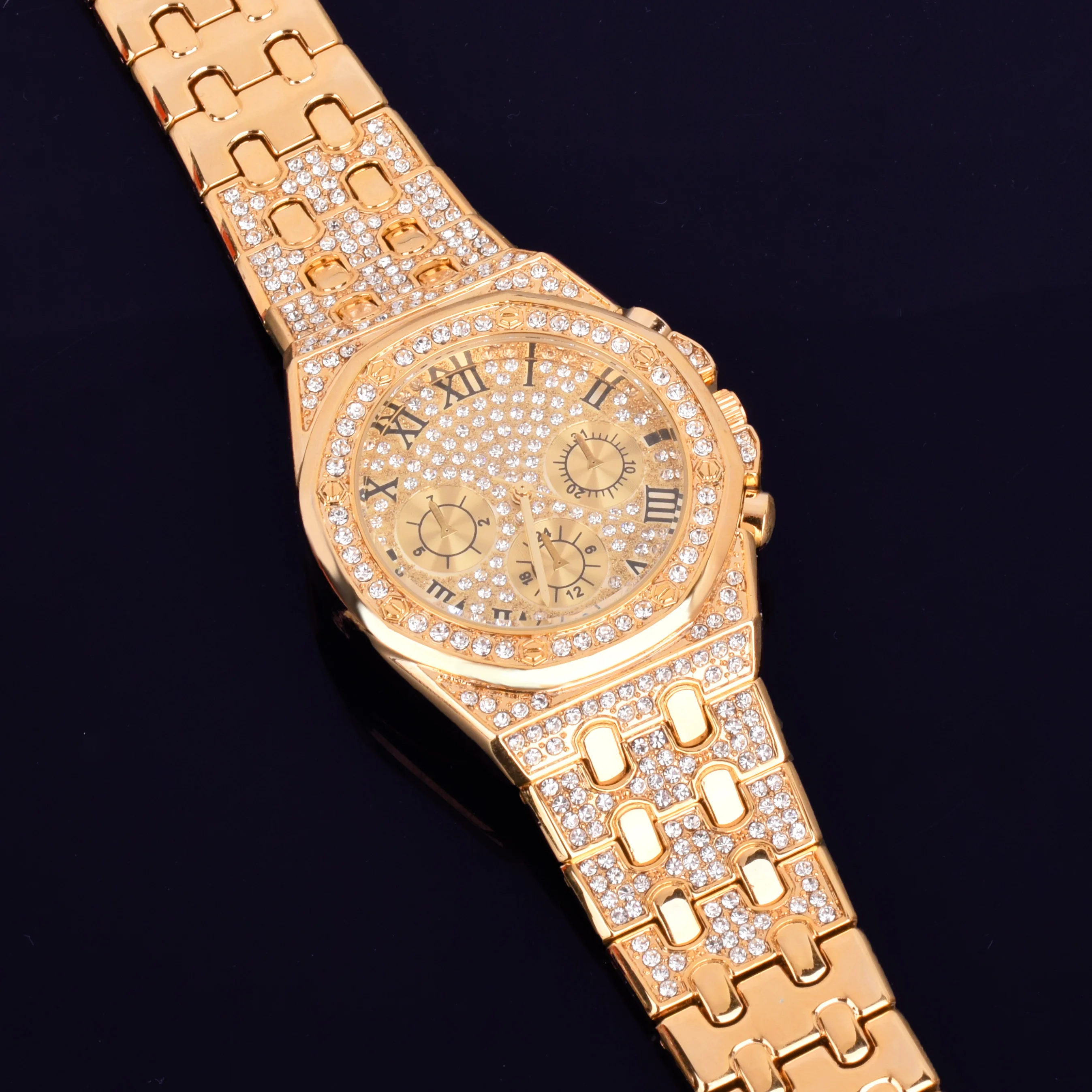 23 см мужские часы Золотые Большие циферблат военные кварцевые часы Роскошные Стразы Бизнес водонепроницаемые наручные часы Relogio Masculino