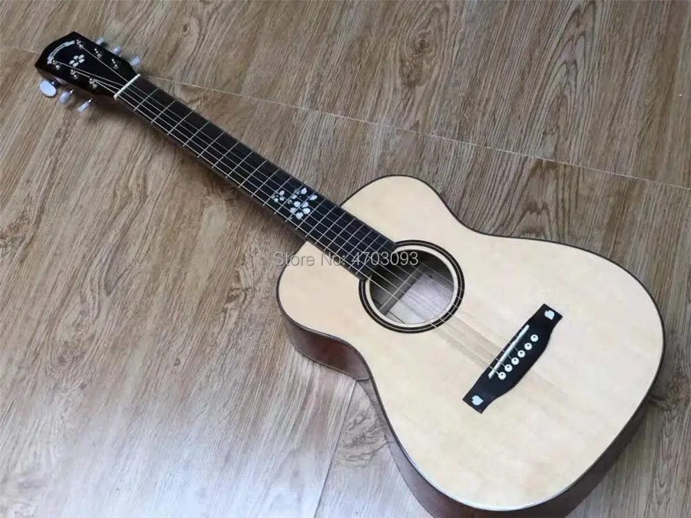 

IN STOCK,GOOD QUALITY,34 inch broussin model,6 strings acoustic Guitar,solid spruce top,cherry blossom inlay,Free shipping