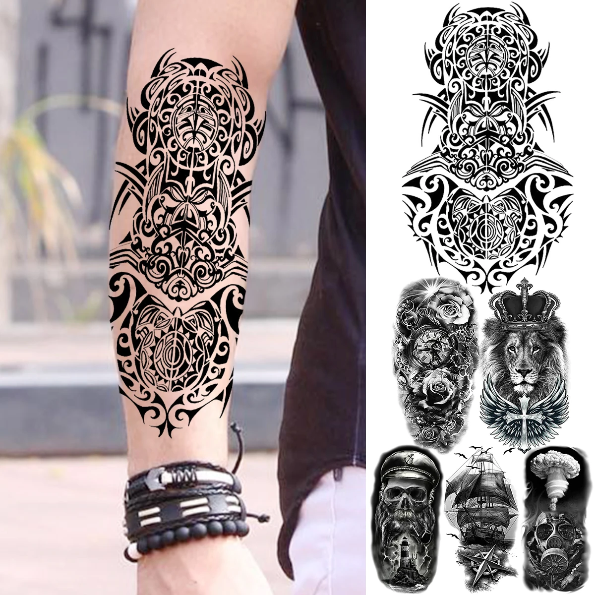 3d Indian Tribal Maori Temporary Tattoos For Men Adult Lion Pirate Pirate  Ship Armband Bomb Flower Fake Tattoo Half Sleeve Tatoo - Temporary Tattoos  - AliExpress