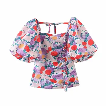 

women appliques chiffon short tops 2020 fashion spring ladies lanter sleeve square collar print shirts chic female beach style