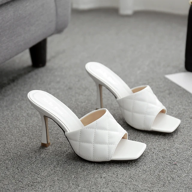 Marian Sqaure Toe Red Quilted Mule Heels Shoe Black PU High Heel Shoes Women Sandals Sliper Woman Shoes zapatos mujer White Blue