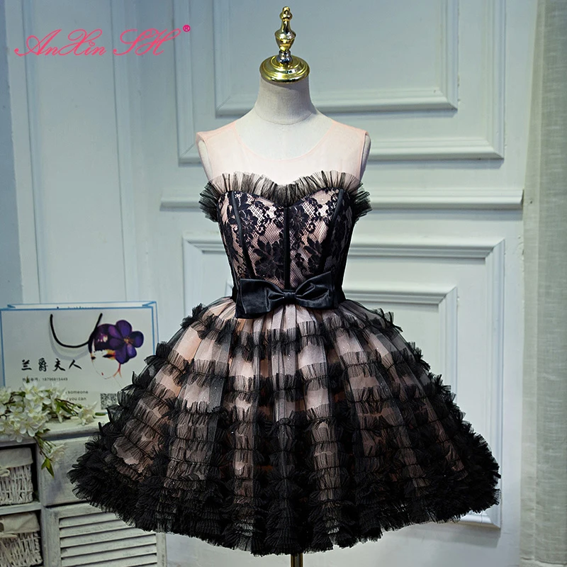 AnXin SH Short style hostess black lace evening dress banquet bow princess fluffy adult sweet | Свадьбы и торжества