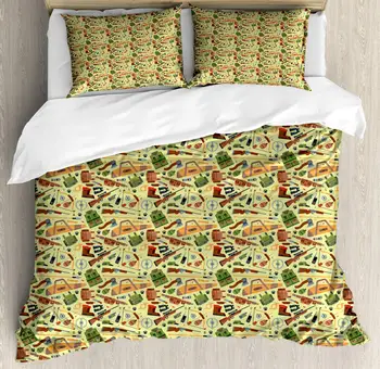 

Deer Hunting Duvet Cover Set Camping Outdoor Archery Illustration 3 Piece Bedding Set Pale Rust Vermilion Pale Olive Green