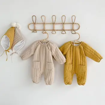 

Newborn Baby Down Cotton Solid Rompers+hat Toddler Jumpsuit Baby Boy Girl Clothes Snowsuit Winter Thicken Warm Children Clothing