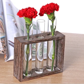 

Modern Wood Stand Rack Tabletop Glass Vase Test Tube Planter Modern Flower Pots Tabletop Terrarium for Home Office Cafe Decor