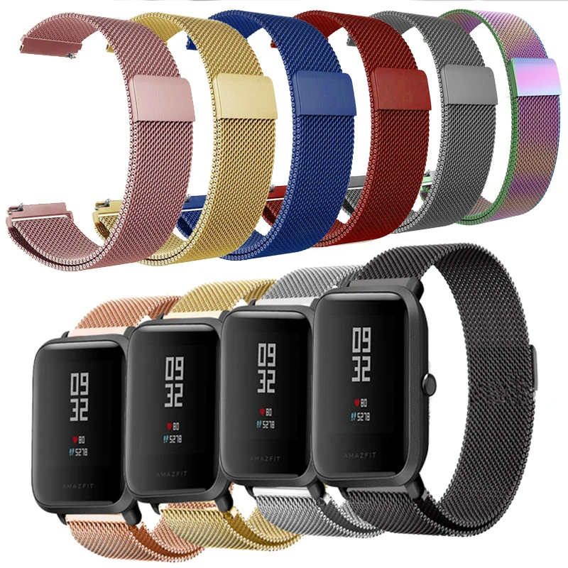 Ремешок для часов Amazfit Bip, ремешок для Xiaomi Huami, ремешок 20 мм, 22 мм, Миланский Браслет из нержавеющей стали, серебристый ремешок, ремешок