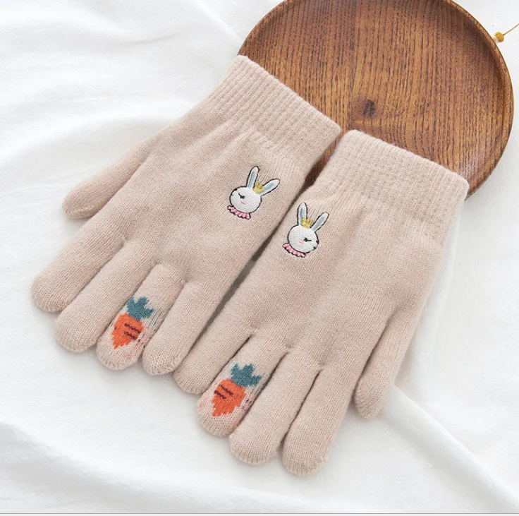 Beige knitted gloves Теплые вязаные перчатки для девочек с пятью пальцами зимой - Цвет: Beige knitted gloves