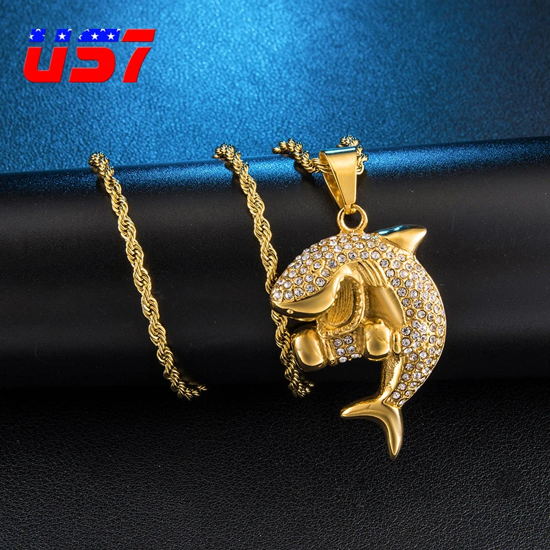 US7 Iced Out Bling в форме акулы кулон ожерелье из нержавеющей стали горный хрусталь ожерелье s& Подвески для мужчин хип хоп ювелирные изделия подарок