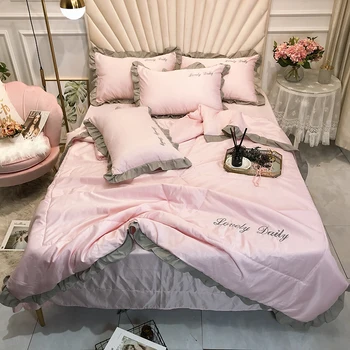 

Princess Style Washed Silk Throw Bed Set 4pcs/set Ruffles Patchwork 4pcs Sheet Duvet Home Quilts Quilt Set Summer Pink Bed Cover