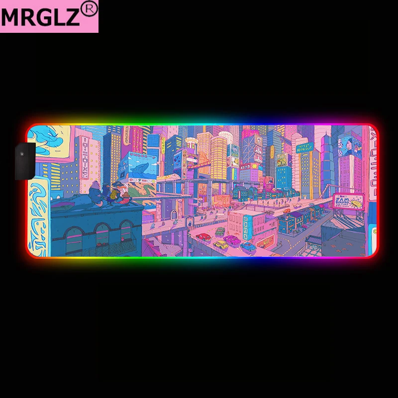 Большая игровая мышь MRGLZY Настольный коврик RGB городской пейзаж светодиодная
