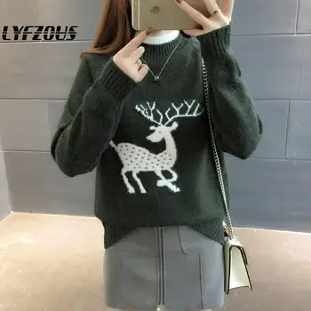 

Fashion Contrast Color Knitted Sweater Women Cartoon Deer Pattern Sweaters And Pullovers Turtleneck Long Sleeve Pullover Tops
