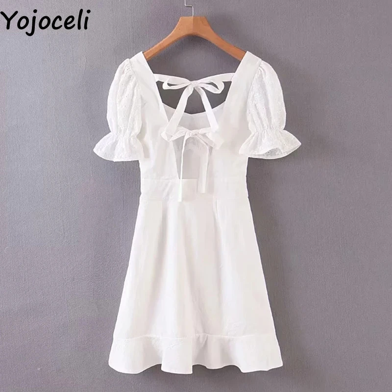 Yojoceli, сексуальное платье с бантом и оборками, белое кружевное платье с вышивкой, повседневное элегантное короткое пляжное платье, летние женские вечерние платья vestidos