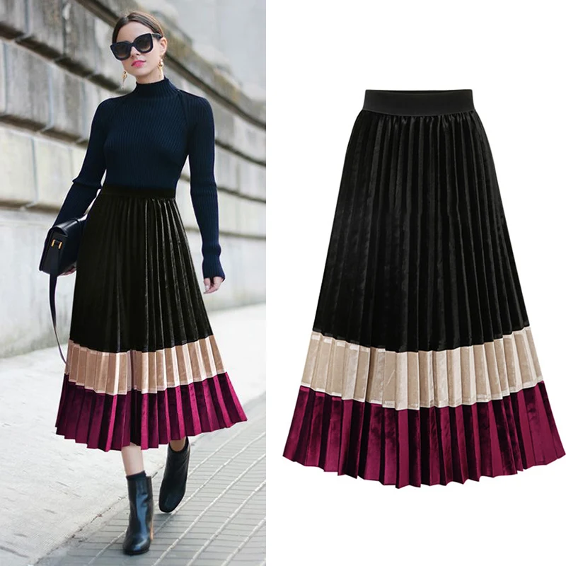 

Skirt of Long Pleated Skirts Women Autumn Winter Fashion Patchwork High Waist Midi Skirt Women Korean Style A Line Lady Party