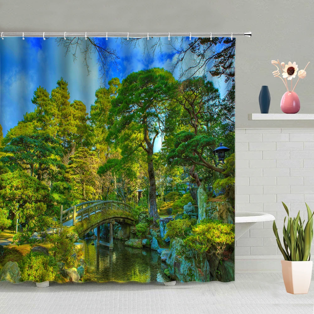 Landscape Shower Curtain Park Forest Green Plants Trees Lake Mountain
