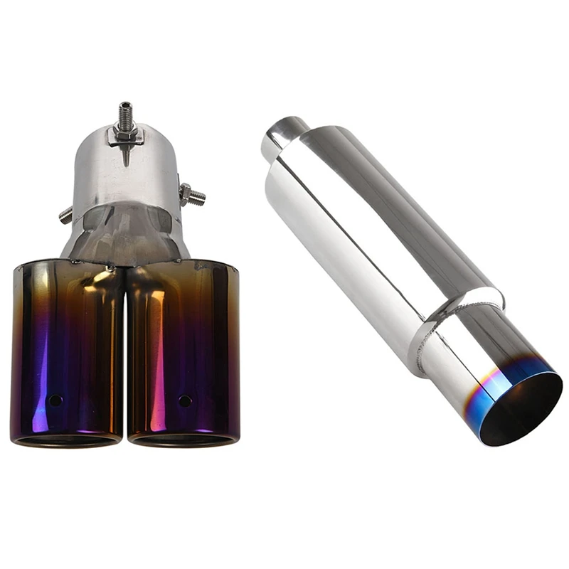 2 Pcs Universal Car Vehicle Exhaust Muffler Steel Tail Pipe:Bending Double Tube |