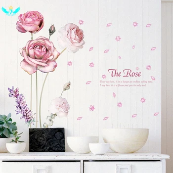 

Romantic Pink Rose Flower Wall Stickers Women Salon Store Dining Room Wedding Home Decoration Oil Painting Style Mural DIY Decal