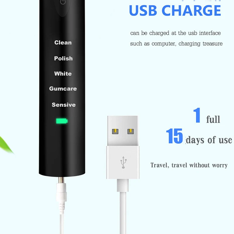 5 Mode Sonic Rechargeable Electric Toothbrush 4x Brush Heads Waterproof Ipx7 Charging, Black (Normal Usb Charging) 5 Mode Sonic Rechargeable Electric Toothbrush 4x Brush Heads Waterproof Ipx7 Charging, Black (Normal Usb Charging)