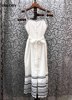 

High Quality Strap Dress 2020 Spring Summer Style Women Color Block Embroidery Tunic Buttons Up Sleeveless Mid-Calf White Dress