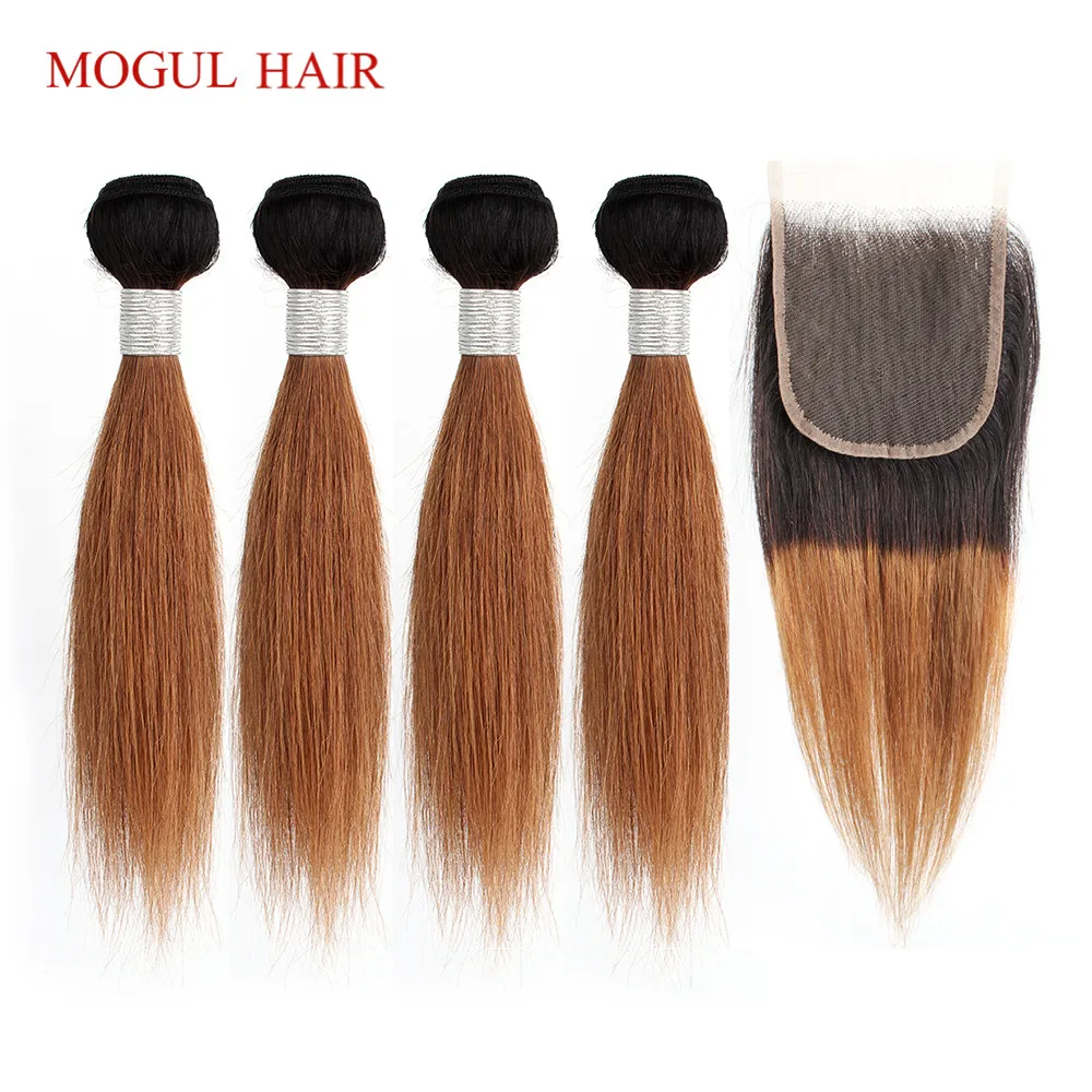 

MOGUL HAIR 50g/pc 4 Bundle with Closure Honey Blonde Bundles With Closure T 1B 27 Brazilian Straight Ombre Non Remy Human Hair