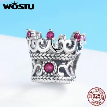 

WOSTU 100% 925 Sterling Silver Queen's Crown Pink CZ Beads Charms fit Original Bracelet & Necklace Women Fashion Jewelry FIC776