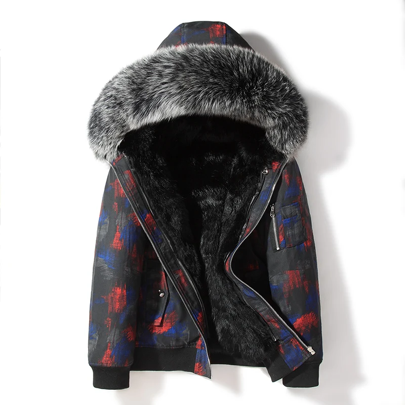 AYUNSUE Зимняя парка, пальто с натуральным мехом, мужская куртка с капюшоном, Воротник из лисьего меха, короткие зимние куртки, подкладка из натурального кроличьего меха, парки 19885 KJ3450 - Цвет: Red blue