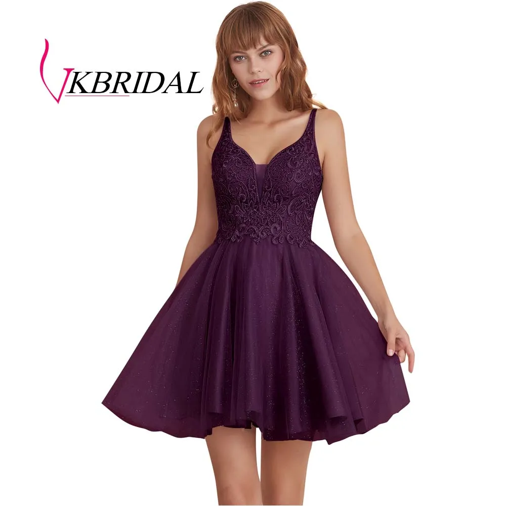 Фиолетовый VKBRIDAL, сексуальные короткие платья для выпускного вечера с открытой спиной,, тюль, аппликация, кружево, бисер, милое платье для выпускного вечера, vestido de formatura - Цвет: Фиолетовый