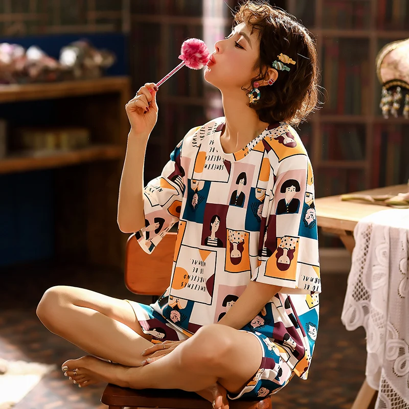 

New Lazy Princess Style Pyjamas 2020 Summer Cotton Women Pajamas Set Cute Short Sleeve Women Sleepwear Short Pant Home Wear Set