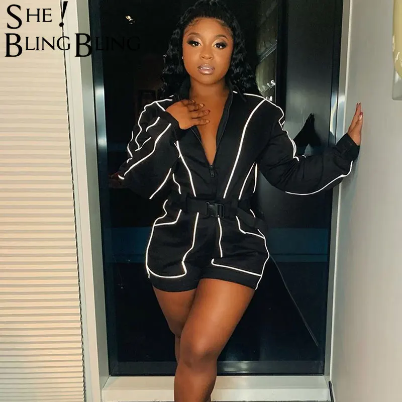 

SheBlingBling Reflective Stripe Casual Loose Women Playsuit with Belt Long Sleeve Turndown 2019 Autumn Rompers Womens Jumpsuit