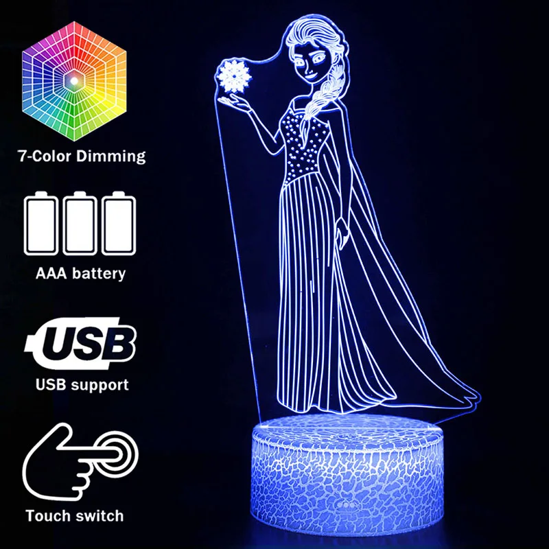 3D illusion Princess Elsa Desk Lamp Touching LED Night Light Home Room Snow Queen Elsa Lampen Decoration Creative Table Lamps