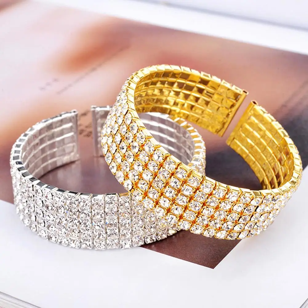 

HOT SALES!!! Fashion Women's 5 Rows Sparkling Rhinestone Wide Band Bracelet Cuff Open Bangle Bridal Jewelry Chain Wriststrap 6cm