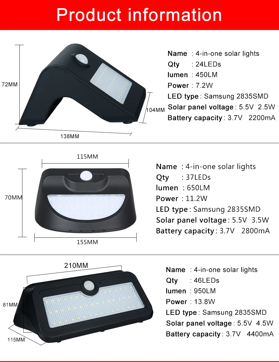 EeeToo 4 Modes LED Solar Light Outdoor Solar Lamp PIR Motion Sensor Wall Lights Waterproof LED Night Light for Garden Decoration