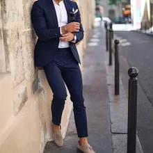 Темно-синий смокинг мужские свадебные костюмы 2 шт. Блейзер делового костюма лепесток лацкан Костюм Homme Terno вечерние костюмы(куртка+ брюки