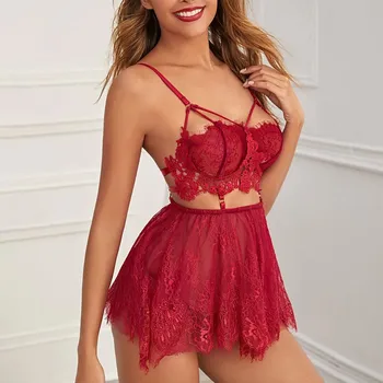 

Sexy Lingerie Women Flower Eyelash Lace Perspective Underwear Nightdress Temptation Nightgowns Sleepwear Nightie With G-String