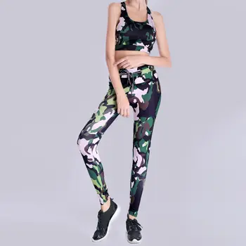 

Goocheer Women Camo Fitness Suit 2Pcs/ Set Sportswear Vest Pants Suits Open chest zipper Crop Top Skinny Legging Tracksuit
