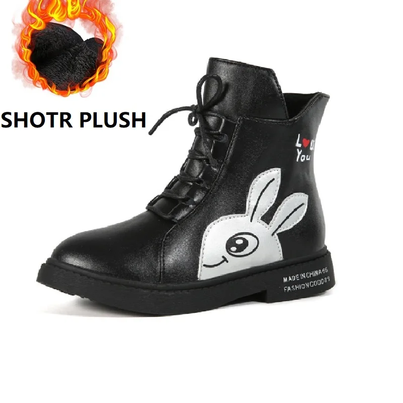 short plush black Зимние ботинки для девочек; Новинка года; Весенняя модная обувь в британском стиле для девочек; детские кожаные теплые плюшевые ботинки с милым рисунком; большой детский ботинок - Цвет: short plush black