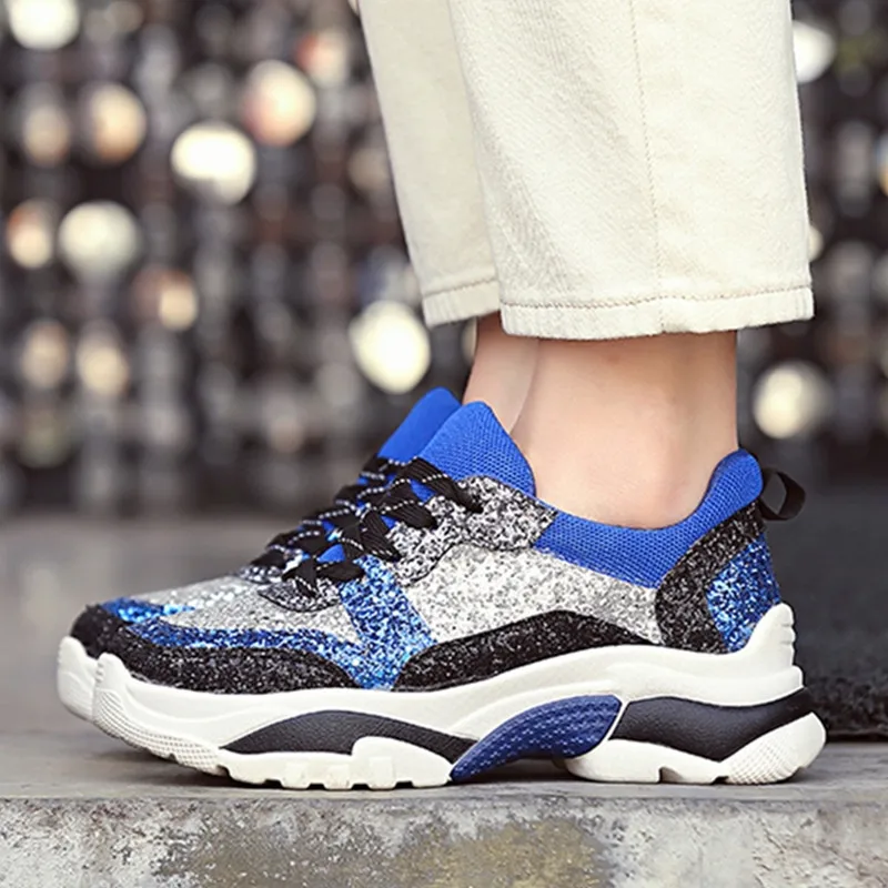 

Women Chunky Sneakers Fashion Shinning Bling Ladies Shoes Breathable Lace-up Women Casual Shoes Lightweight Footwear 966w