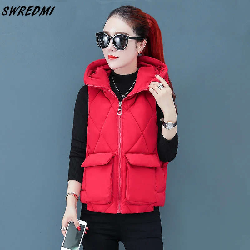 

SWREDMI Autumn Winter Vest Women Hooded Red Short Waistcoat Outwear Top Big Pockets Thick Warm Vests Sleeveless Jaqueta Feminina