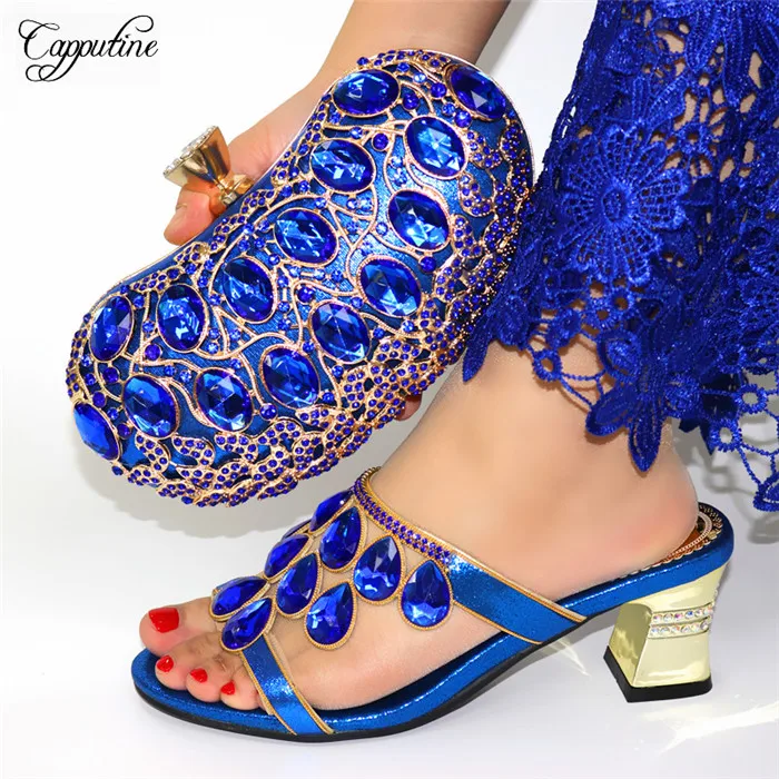 

High class royal blue high heel pumps with purse amazing shoes and evening handbag sets with stones 0763, heel height 6.5cm