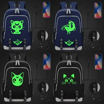 

Green Luminous Anime Kawaii Sailor Moon Luna Cat USB Boy Girl Book School Bag Women Teenagers Men Laptop Backpack Packsack