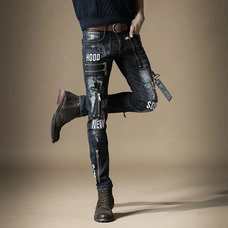 送料無料新2020男性の男性のジーンズブランドスリムヨーロッパ潮ブランドスリム穴金属パンクスタイルのヒップホップデニムズボンパンツ|ジーンズ