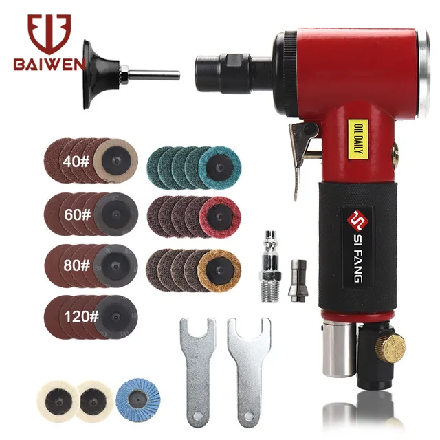 Mini Air Angle Die Grinder 1/4 inch & 1/8 inch Pneumatic Grinding Machine 90 Degree Polisher Mill Engraving Tool Set Red 44pcs Set