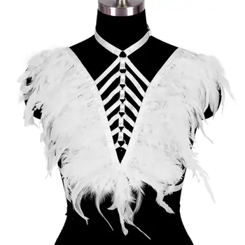 

Angel White Feather Goth Harness Bra Soft Crop Top Shawl Plus Size Fashion Epaulets Chest Art Dance Girl Bnurning Body Cage