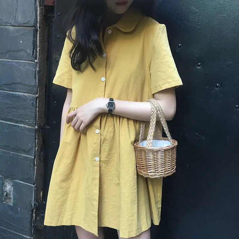 Short Sleeve Dress Women Friends Solid A-Line All-match Vintage Stylish Kawaii Simple Vestidos Daily Summer Single Breasted 2021 a line dress