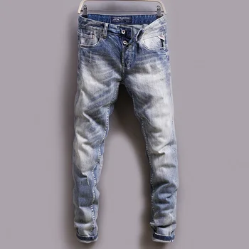 

Italian Style Fashion Men Jeans Light Blue White Washed Slim Fit Classical Button Jeans Elastic Vintage Designer Jeans Men Pants
