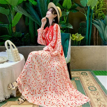 

Real shot spot holiday lace dress V-neck single-breasted stitching printed lantern sleeves waist pleated long dress
