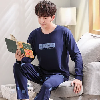

New 2020 Spring Men Pajamas long Sleeve Male Pajama Set Men Pure Full Cotton Pajamas For Men Sleepwear Suit homewear 3XL