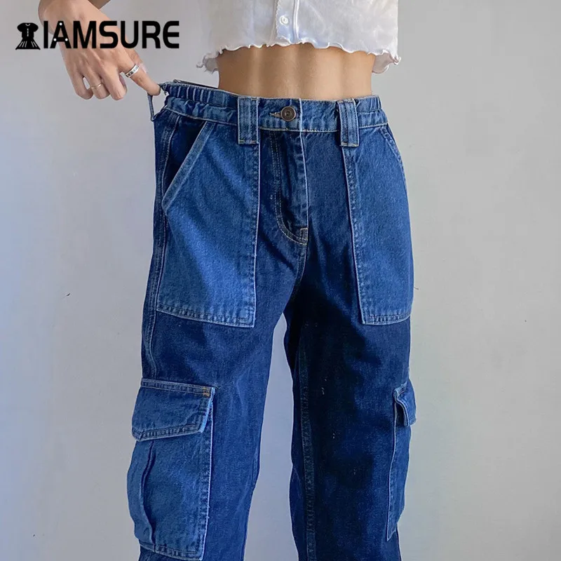 

IAMSURE Kpop Patchwork Jeans y2k Pants for Women Streetwear Fashion Contrast Color High Waisted Female Denim Straight Trousers