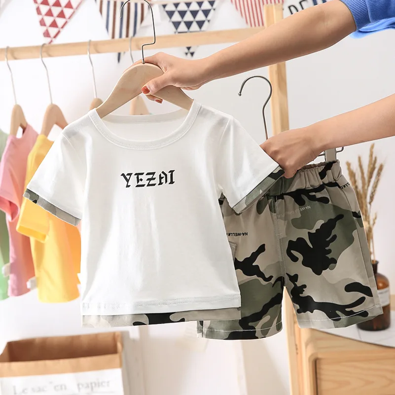

Toddler Baby Boy Clothes kid Summer Set letter Print Short Sleeve T shirt Camouflage shorts boys Clothing Outfit child clothes