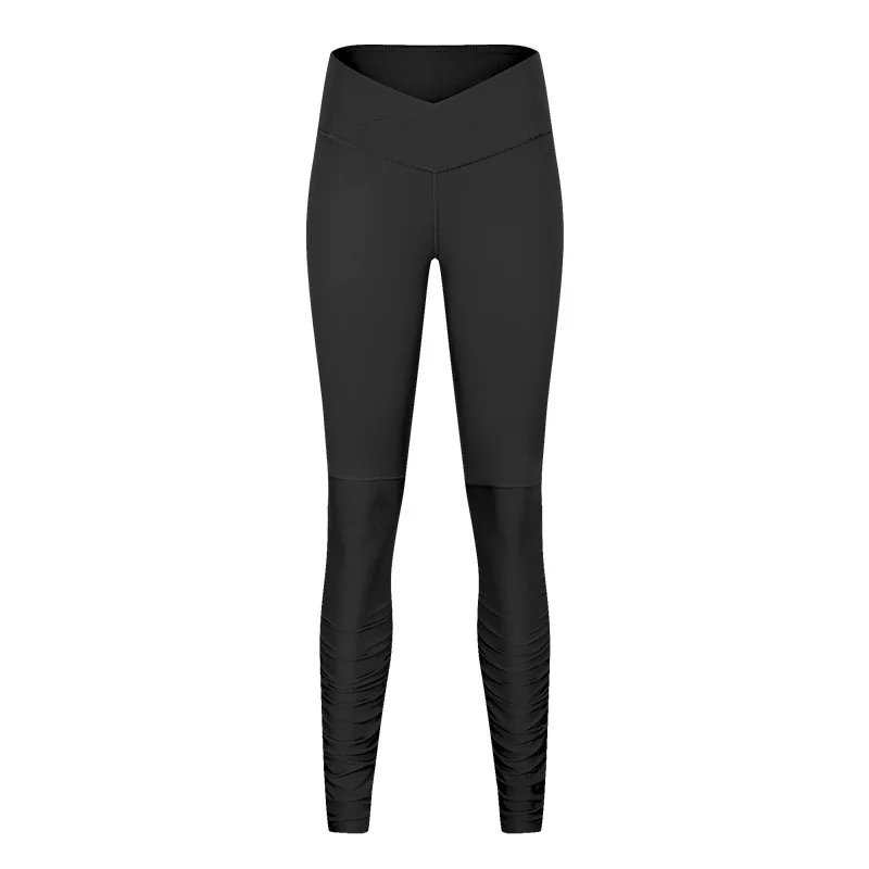 Black Oyoo Ribbed Stitching Sport Leggings Female Cross Waist Yoga Pants Super Soft Brushed Training Gym Tights Workout Leggings - Цвет: Black